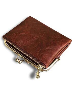 Compact RFID Women's Wallet - Vintage Leather Bifold Coin Purse with Zipper